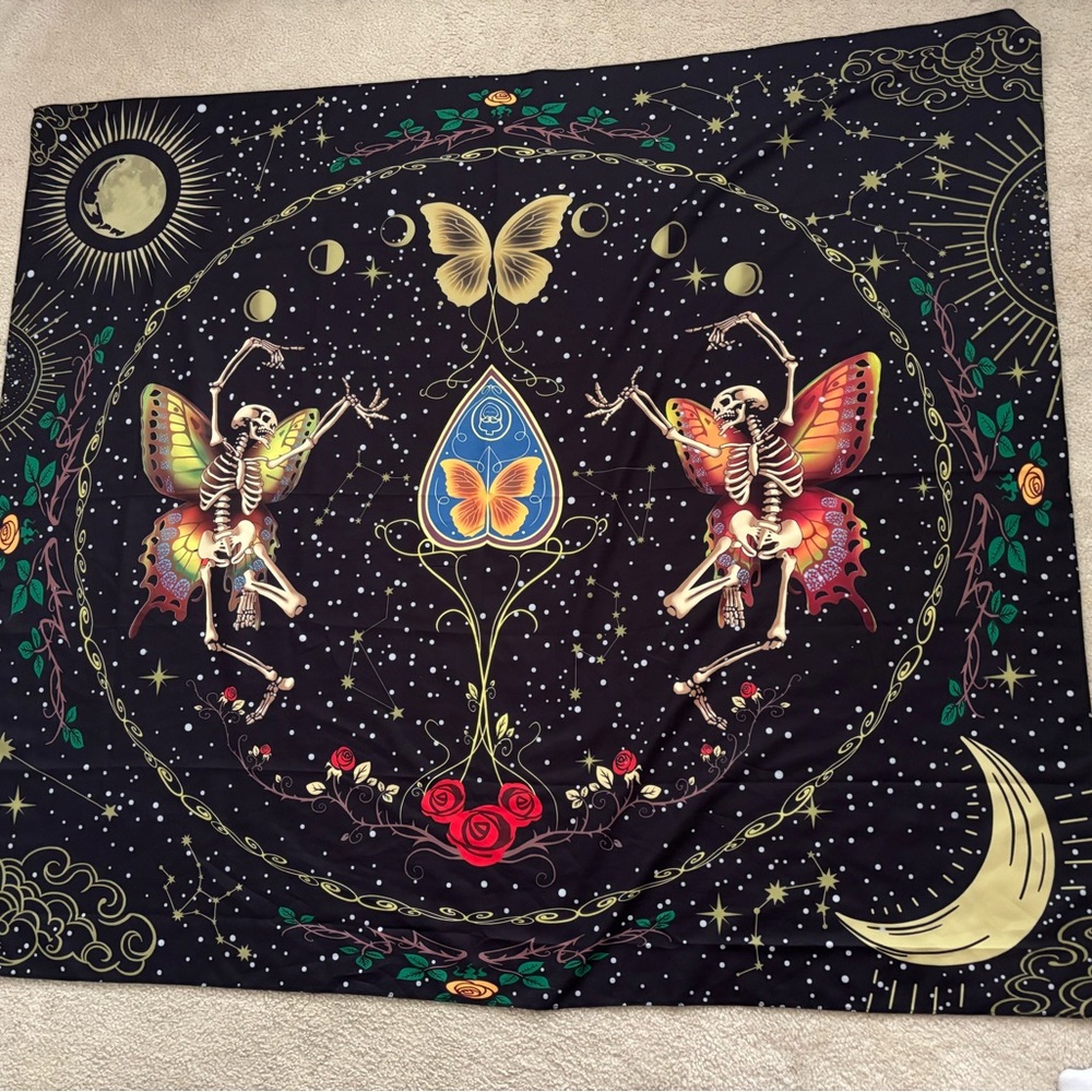 Mystical Skeleton Tapestry with Butterfly Design